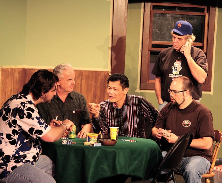 Cast members of PTP’s The Odd Couple rehearses at the Canmore Miners’ Union Hall Monday (March 28). From left are Simon Steele, Gerry McAuley, Christopher Yee, Rob Murray and 