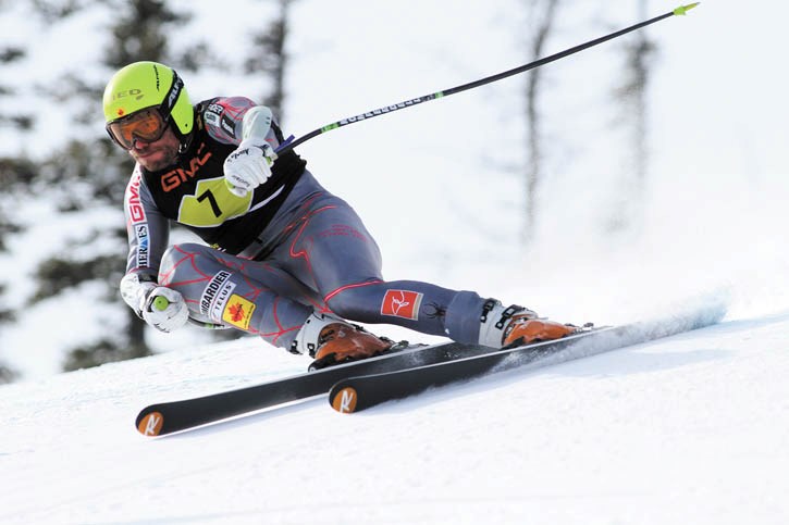 Jan Hudec tears down the super G course at Nakiska on his way to a bronze medal.