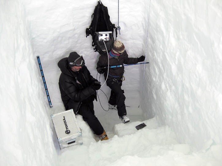 Top: Using a “Finnish snow fork”, researcher John Sekerka assists with data logger entry while Selena Cordeau inserts a dielectric probe into the glacial ice in