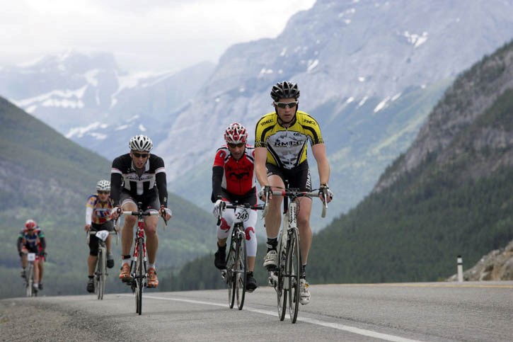 Rundle Mountain Cycling Club rider Matt Jeffries sails away out front during a blustery Gran Fondo, which travelled from Longview to the Stoney Nakoda Casino Saturday (July