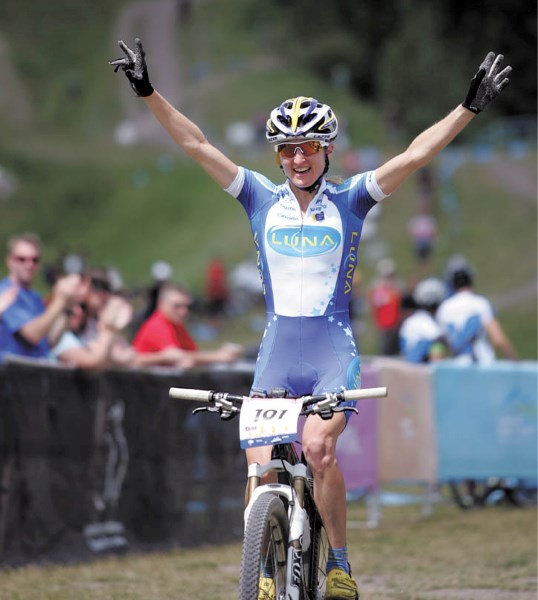 Catharine Pendrel claims her national mountain bike title at the Canmore Nordic Centre Saturday (July 16).