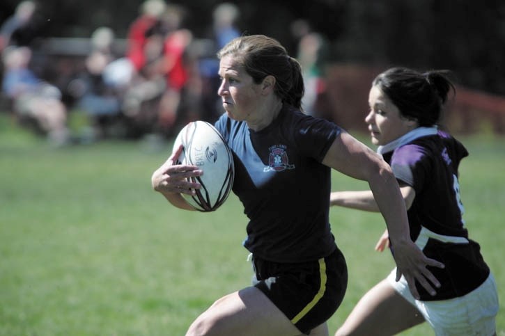 Leslie Barkhouse streaks for a try as the Banff Rugby women’s team competes in Saturday’s (July 30) 10s tournament at the Banff Rec Grounds.
