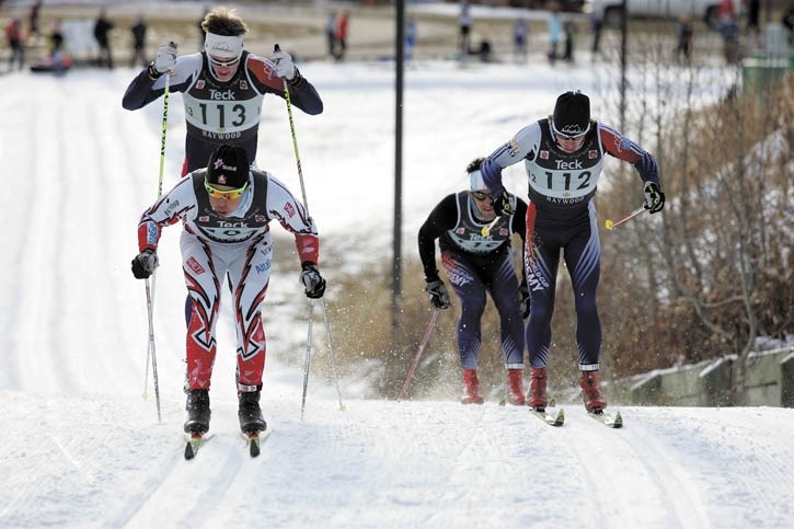 Jesse Cockney (L) leads Alberta World Cup Academy teammates Pate Neumann, Joey Burton and Bob Thompson in the quarter-finals of Thursday’s (Oct. 27) cross-country sprint race 