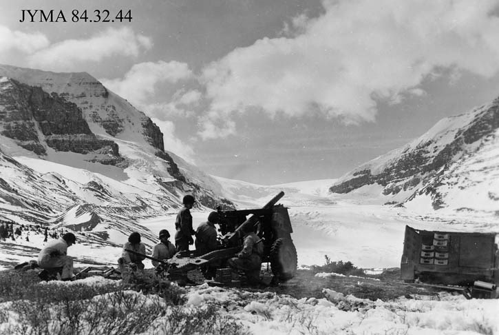Lovat Scouts test artillery in 1944 during a training exercise at the Columbia Icefields. Six hundred Scouts trained at the Columbia Icefields between 1943 and 1944 before