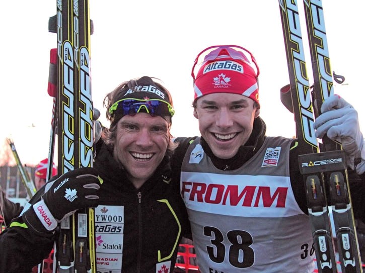 Devon Kershaw, left, and Alex Harvey celebrate their bronze and gold medals respectively in Friday’s (March 16) World Cup sprint race in Sweden.