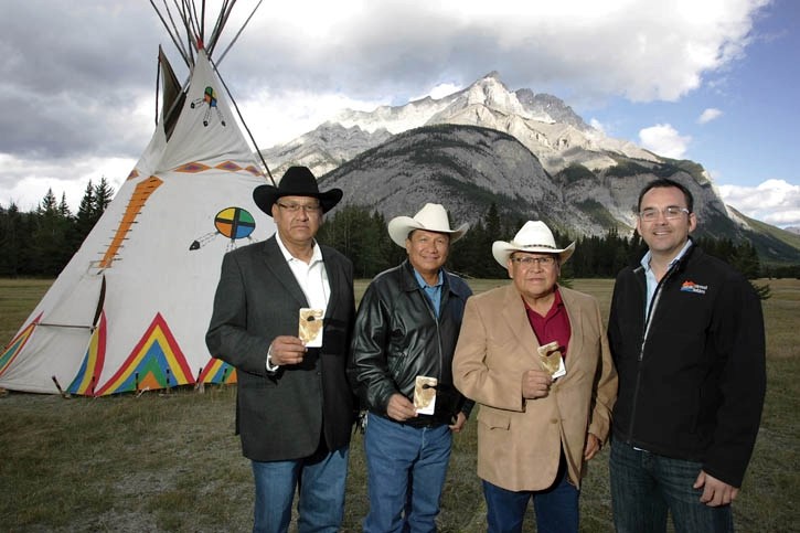(L to R) Chiniki Chief Bruce Labelle, Bearspaw Chief Darcy Dixon, Wesley Chief Ernest Wesley and Wild Rose MP Blake Richards at the Banff Indian Grounds Monday (Sept. 10) to