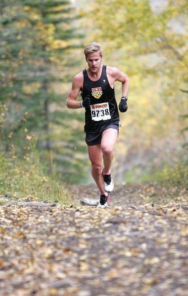 Travis Cummings leads the pack on the way to victory in the 14.5 km enduro distance at Saturday’s (Sept. 29) 5 Peaks trail running event at the Canmore Nordic Centre.