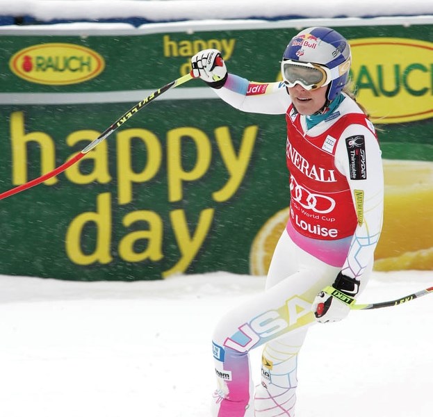 U.S. skier Lindsey Vonn eyes the scoreboard as she claims victory in Friday’s (Nov. 30) World Cup downhill. Vonn had a trio of happy days this week as she swept all three