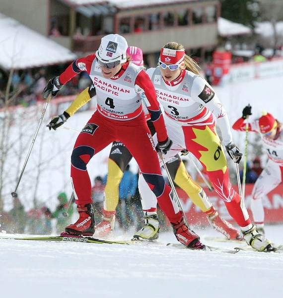 Local favourite Chandra Crawford chases race winner Maiken Caspersen Falla of Norway during Saturday’s (Dec. 15) World Cup sprint.
