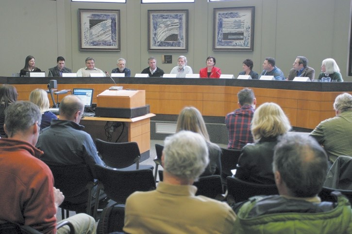 Canmore and Banff councils sit together during Thursday’s (Feb. 7) joint council meeting at the Canmore Civic Centre.