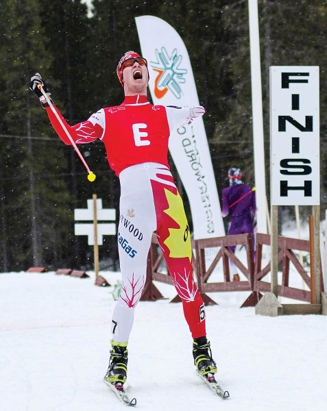 Mark Arendz celebrates victory in the biathlon sprint event at the IPC World Championships in Sweden.