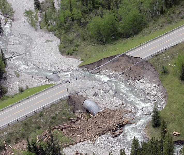 A section of highway in Kananaskis Country is completely washed out.