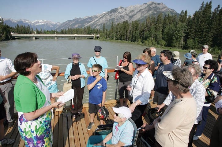 Banff Mayor Karen Sorensen addresses attendees at Tuesday morning’s (July 2) opening of Banff’s new pedestrian bridge. The bridge passed last week’s flood test with flying