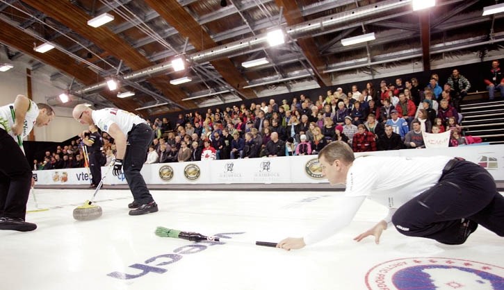 Event winner Jeff Stoughton watches his shot during the All-Star Curling Skins Game at the Fenlands Rec Centre in Banff Saturday (Jan. 11).