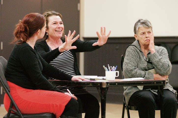 (L to R) Dionne Wilson plays Judy, Susanne Leslie plays Louella, and Judy Brese plays Kay in a rehearsal for Another One Of Louella’s Killer Ideas.