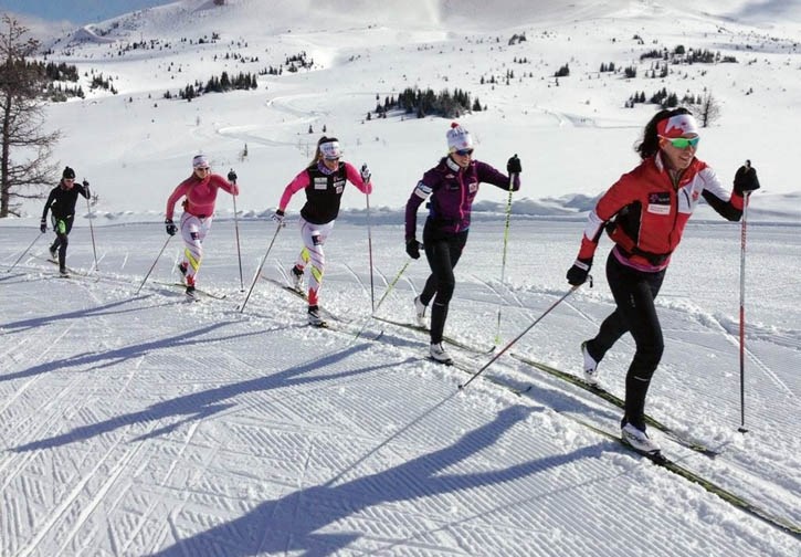 Cross-country racers (R to L) Emily Nishikawa, Perianne Jones, Heidi Widmer, Dahria Beatty and Brittany Webster go through their paces during a Cross Country Canada workout