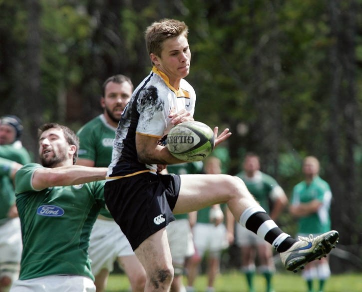 Aaron Evison fumbles a catch on a kick-and-chase play during the Banff Bears’ loss to the Calgary Irish at the Banff Rec Grounds Saturday (June 14).
