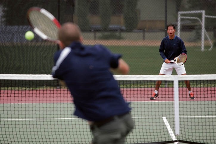 Willie Jung (R) and Colin Mckinlay go head-to-head at Saturday’s (July 19) Canmore Tennis Cup at Lion’s Park.