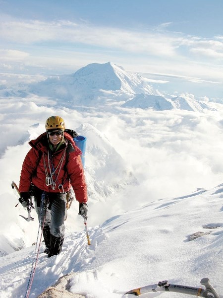 Nancy Hansen climbs to the summit of Denali by the Cassin Ridge route.