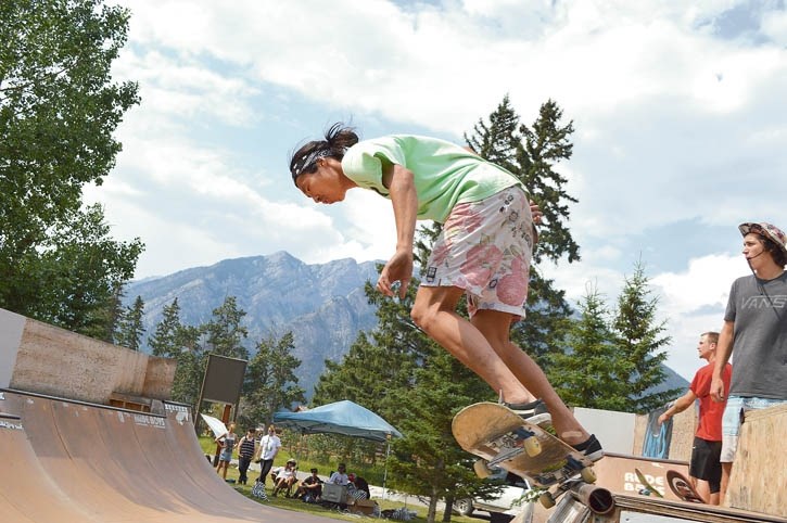 Banff skater Toshiki Kakiuchi competes during Saturday’s (Aug. 2) skateboard competition at the Banff Recreation Grounds.
