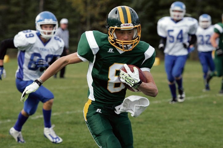 Bow Valley Wolverines’ Noah Whitfield finds open space as he runs the ball during Friday afternoon’s (Oct. 3) 37-14 loss to the Medicine Hat Vikings.