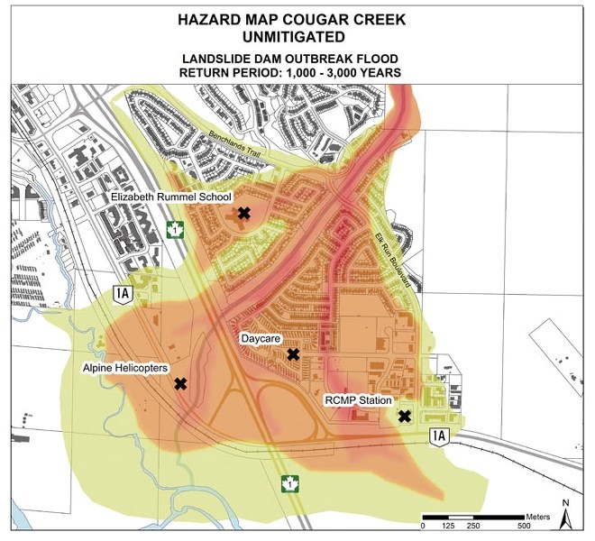 A map illustrates the scenario the proposed Cougar Creek debris flood retention structure is designed to defend against.