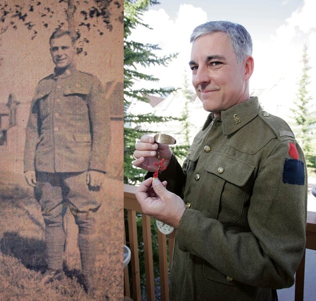 Joseph Antoine Louis Valiquette (left), and his great grandson, Dennis Letourneau (above), with Valiquette’s military tunic and artifacts from the First World War.
