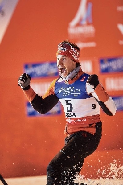 Alex Harvey celebrates on snow and on the podium in Falun, Sweden.