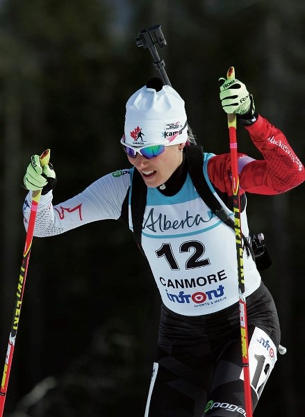 Zina Kocher skis in the IBU Cup 7 sprint at the Canmore Nordic Centre, Saturday (Feb. 28). She won a silver medal on Sunday.