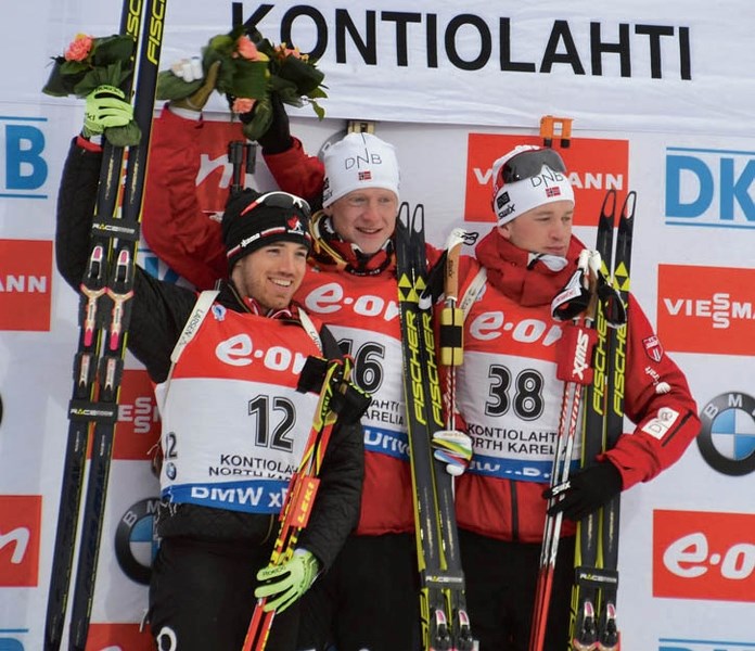 Nathan Smith (L) celebrates his silver medal performance at the World Championships in Finland.
