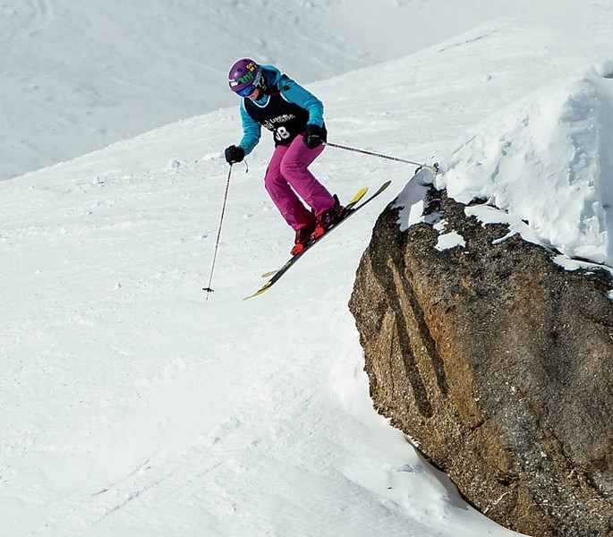 Erin Harvie takes to the air in the junior big mountain competition at Lake Louise.