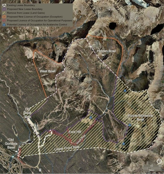 Current and proposed boundaries for the Lake Louise ski area under consideration by Parks Canada.