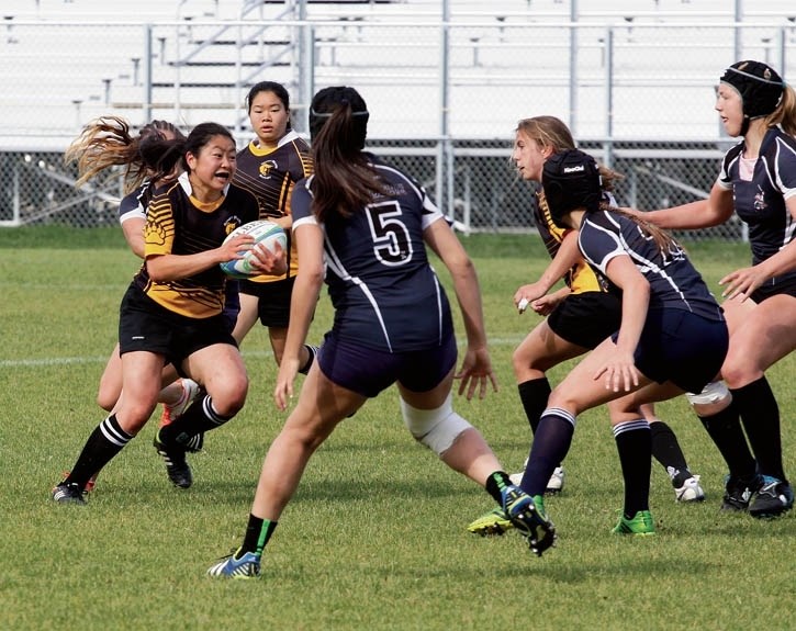 Banff Bears’ Miki Kawano charges into a pack of F.P. Walshe Flyers from Fort Macleod during the ASAA provincial rugby championships in Ellerslie, Saturday (June 6). A strong