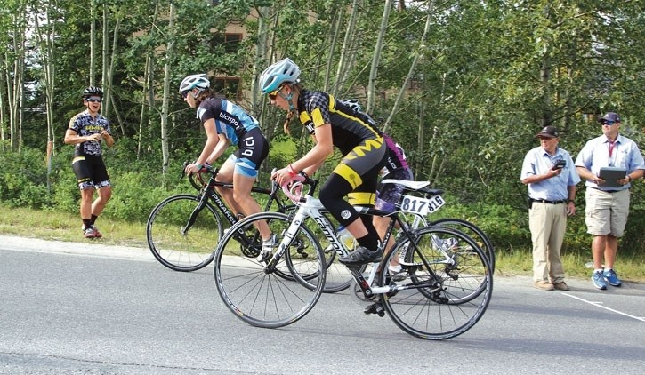 Eva Poidevin launches from the 1.94 kilometre hill climb start line on Silvertip road Saturday (July 11)
