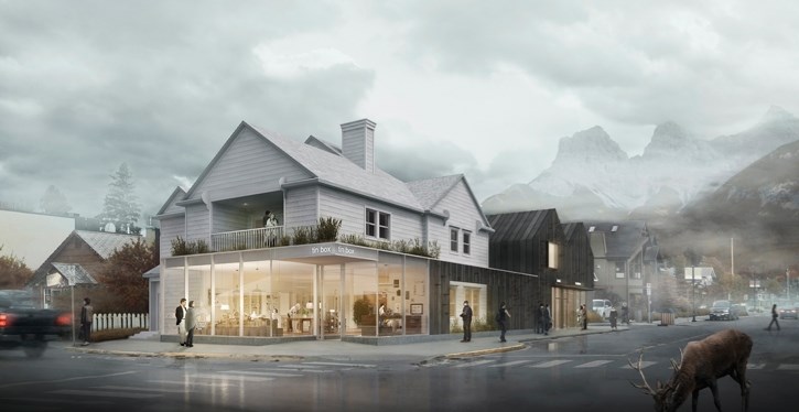 An artistic rendering of the proposed design for a renovation and addition of a commercial building on the corner of Main Street and 6th Avenue in Canmore.