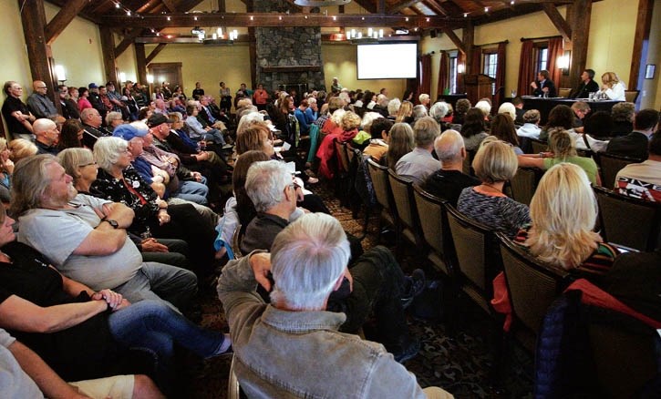 A packed house attends Tuesday night’s (Sept. 29) federal election candidates forum at Silvertip in Canmore.