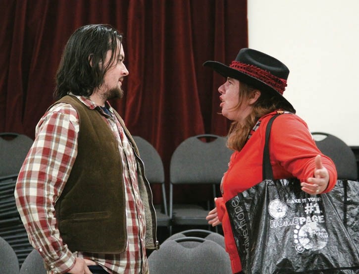 Grant Hilts (Harry at 45) and Jessica Campbell (Lori), rehearse Mending Fences at the Canmore Miners’ Union Hall, Tuesday (Oct. 27).