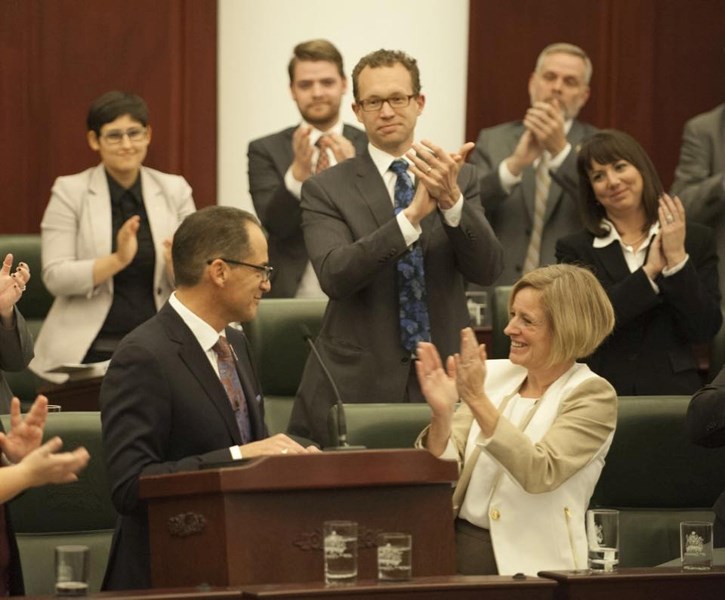 Premier Rachel Notley and Finance Minister Joe Ceci on Tuesday (Oct. 27) during the budget address in the legislature.