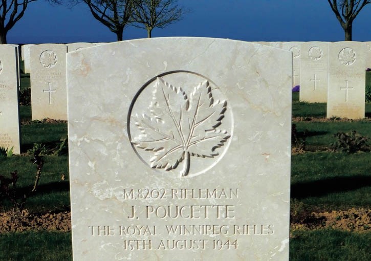 Joe Poucette’s grave in the Bretteville-Sur-Laize Canadian War Cemetery in Calvados, France.
