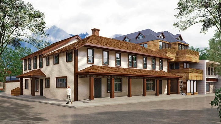 A rendering of the completed Canmore Hotel. While the image does not include a bench, developer Heritage Property Corporation indicates it will be kept as a community amenity.