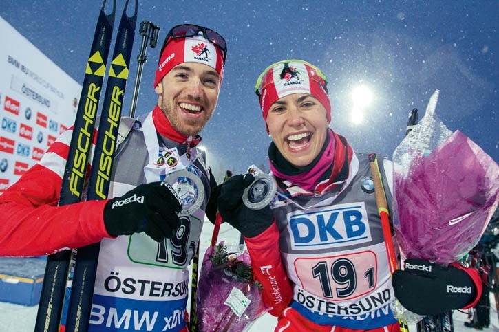 Nathan Smith and Rosanna Crawford celebrate their silver medal in Sweden.