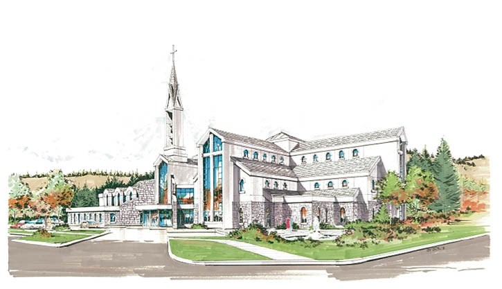 Artist depictions of the outside and inside of the proposed new Our Ladies of the Rockies Roman Catholic Church in Canmore.