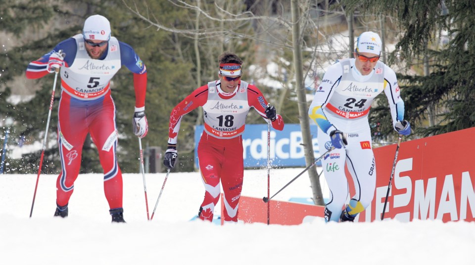 Len Valjas, middle, races during Tuesday’s (March 8) Ski Tour sprint in Canmore. Craig Douce RMO Photo