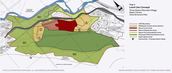 A land use concept map showing the golf course lands in relation to the overall resort centre area of Three Sisters Mountain Village.