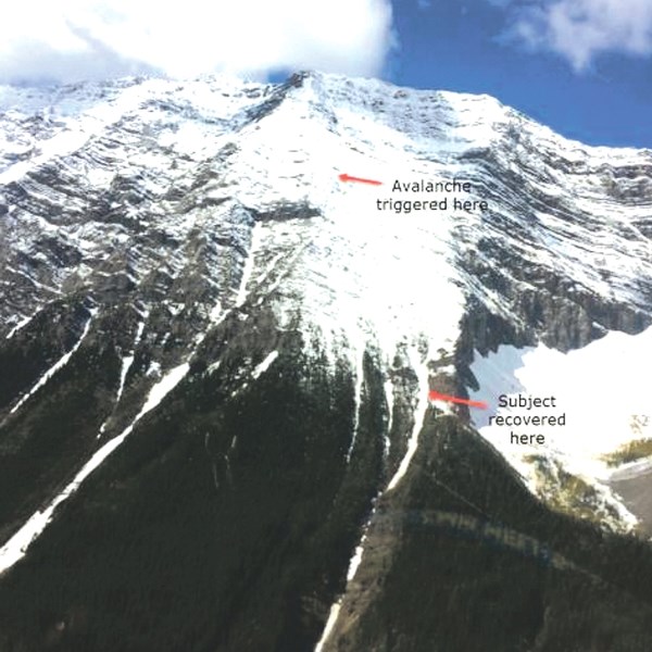 An image of where the avalanche was triggered on Mount Lawson in Kananaskis Country.
