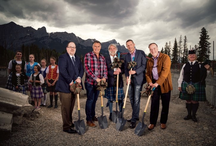 The Rocky Mountain Highland Dancers, left, join Jason Ritchie, Frank Kernick, John Borrowman, Andrew Nickerson, Bill Marshall, and bagpiper Muriel Davidson at Spring Creek in 