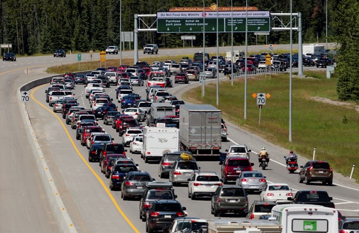 Traffic is seen backed up at the East Gates to Banff National Park in July.