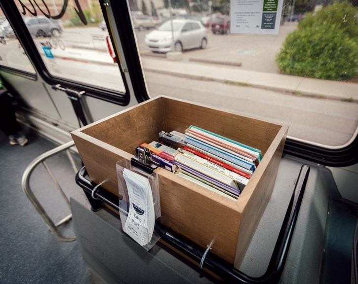 Books provided by the Banff and Camore Libraries to entertain readers taking the number three ROAM bus between the two towns in Canmore.