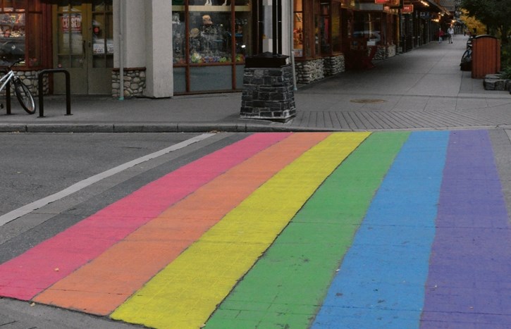 A street crossing painted in honour of Banff Pride at Wild Bill’s Saloon.