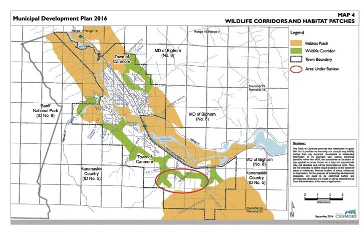 Map 4 of Canmore’s Muniaicpal Development Plan shows the wildlife corridors on the northern side of the Bow Valley and the “area under review” represents where the final